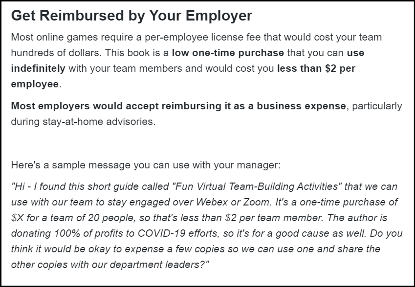 Fun Virtual Team-Building Activities Gumroad Sales Page - Employee Reimbursement